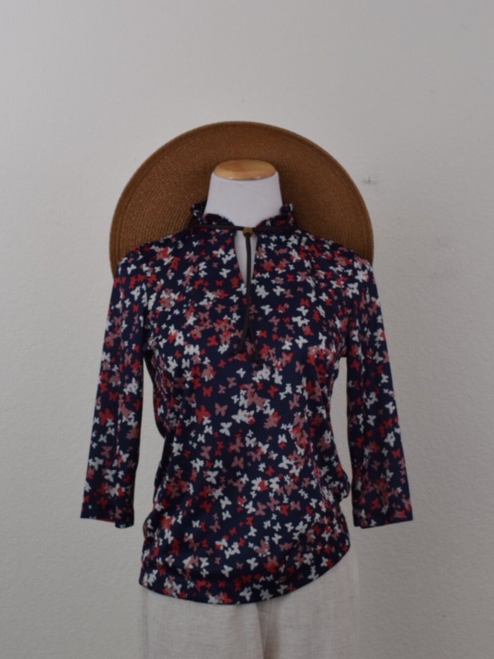 Vintage 80s Navy‎ Floral Polyester Pullover Blouse size S
